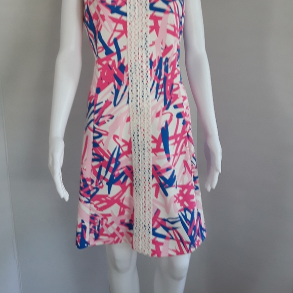 JUST...TAYLOR ABSTRACT PINK/BLUE LACE STRIPE SHIFT DRESS SZ 12 - Picture 4 of 10